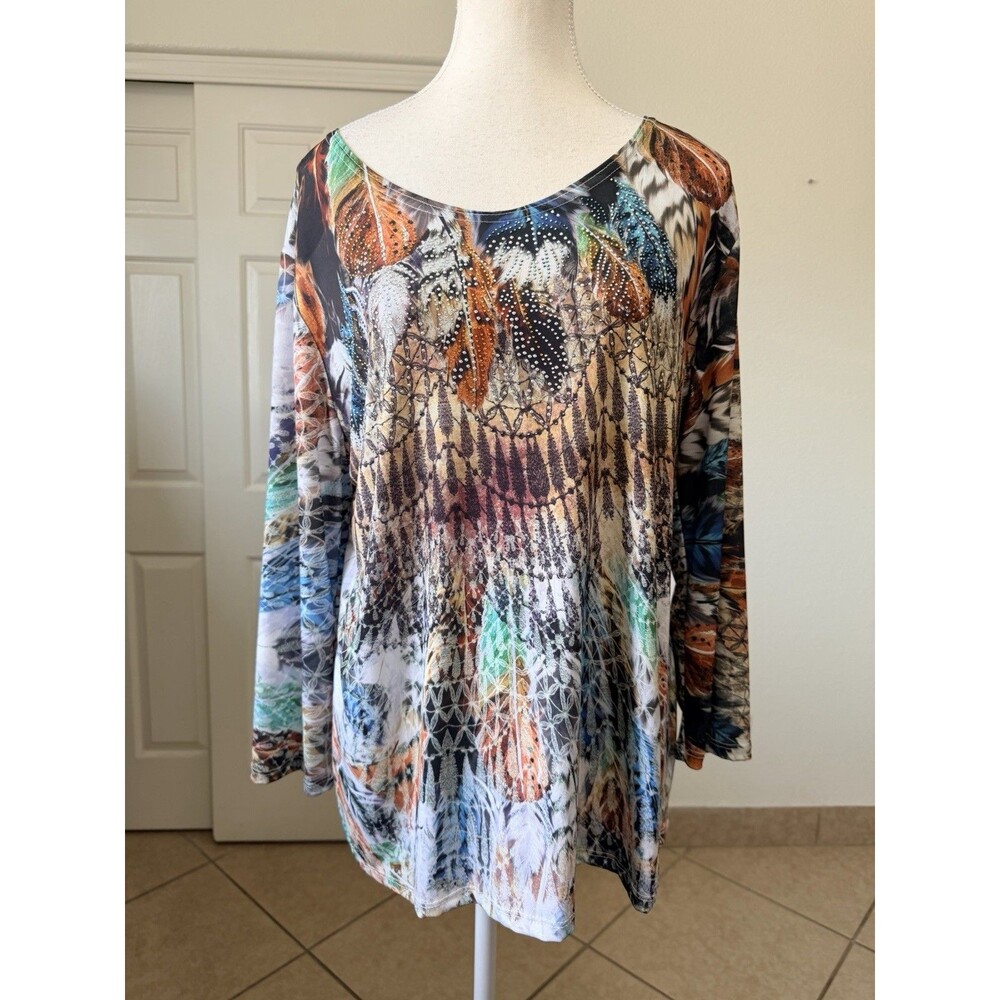 Cactus Women's L Feather Print Tunic Top Long Sleeve Rhinestone Boho Blouse - Picture 2 of 15